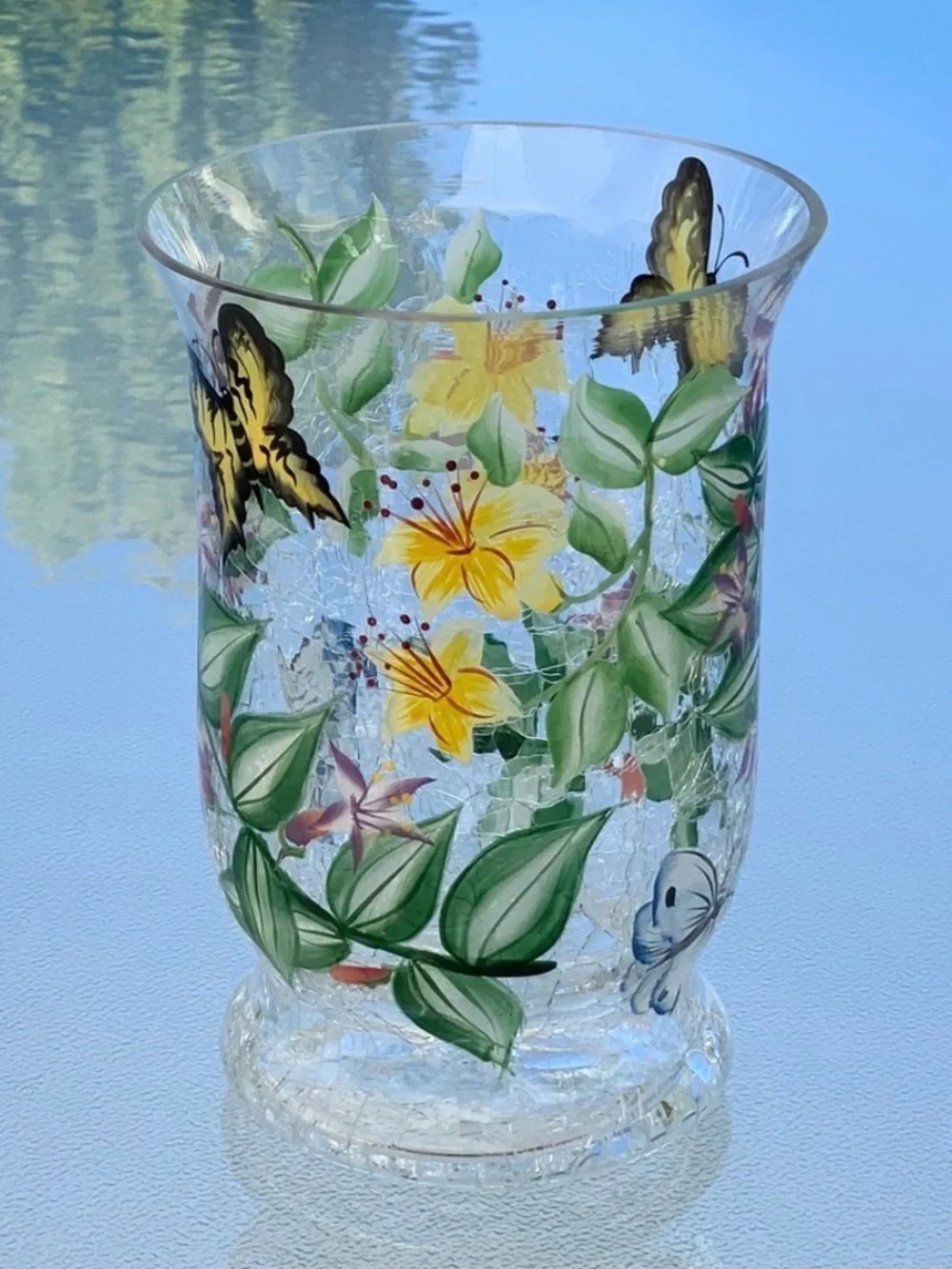 Fifth Avenue Crystal Butterfly Blossom Crackle Glass 6” Hurricane Candle Holder